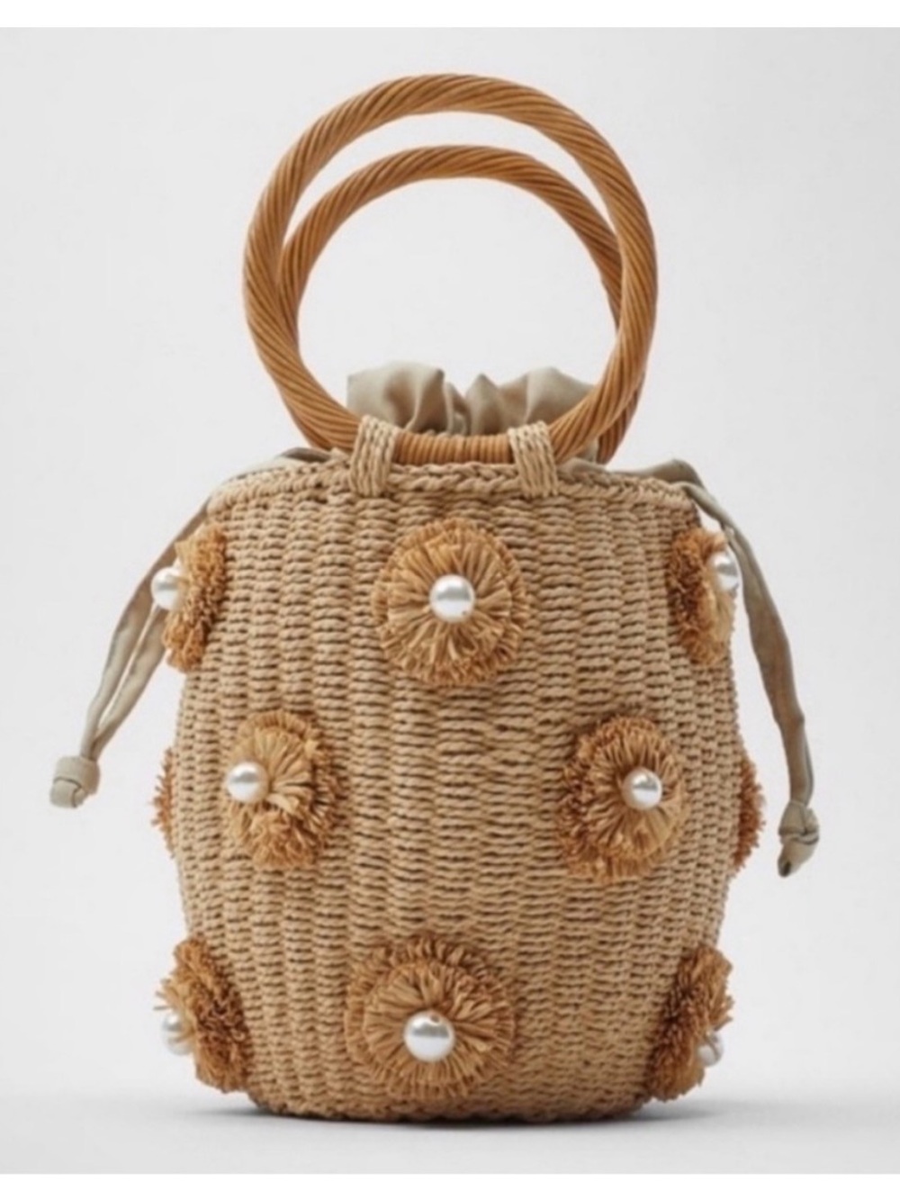 Zara Tan Woven Mini Bucket Bag with Pearl Floral Accents